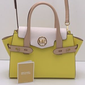 Michael Kors Carmen Medium Colorblock Faux Saffiano Leather Belted Satchel